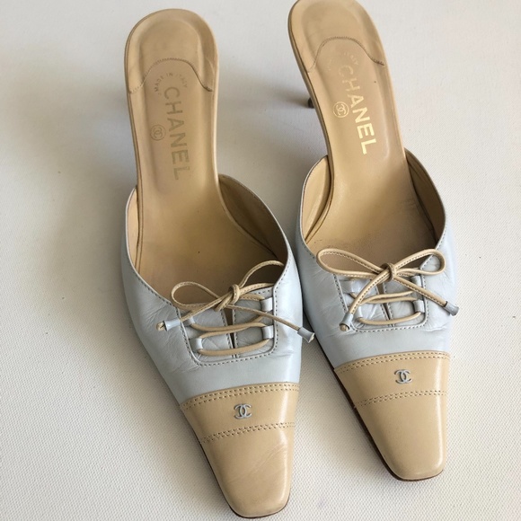 CHANEL Shoes - Chanel CC Blue Beige Mule Heels Size 41 US 11
